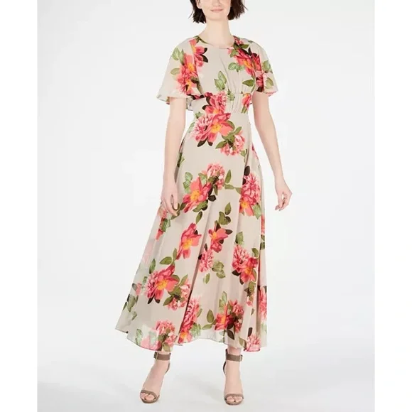 Calvin Klein Floral Printed Capelet Maxi Dress Evening Cocktail Wedding Guest - Picture 3 of 11